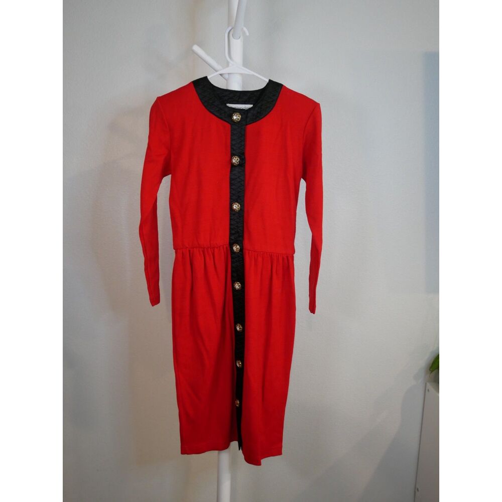 Vintage Outlander Red Long Sleeve Dress Black Trim Gold Rhinestone Buttons S